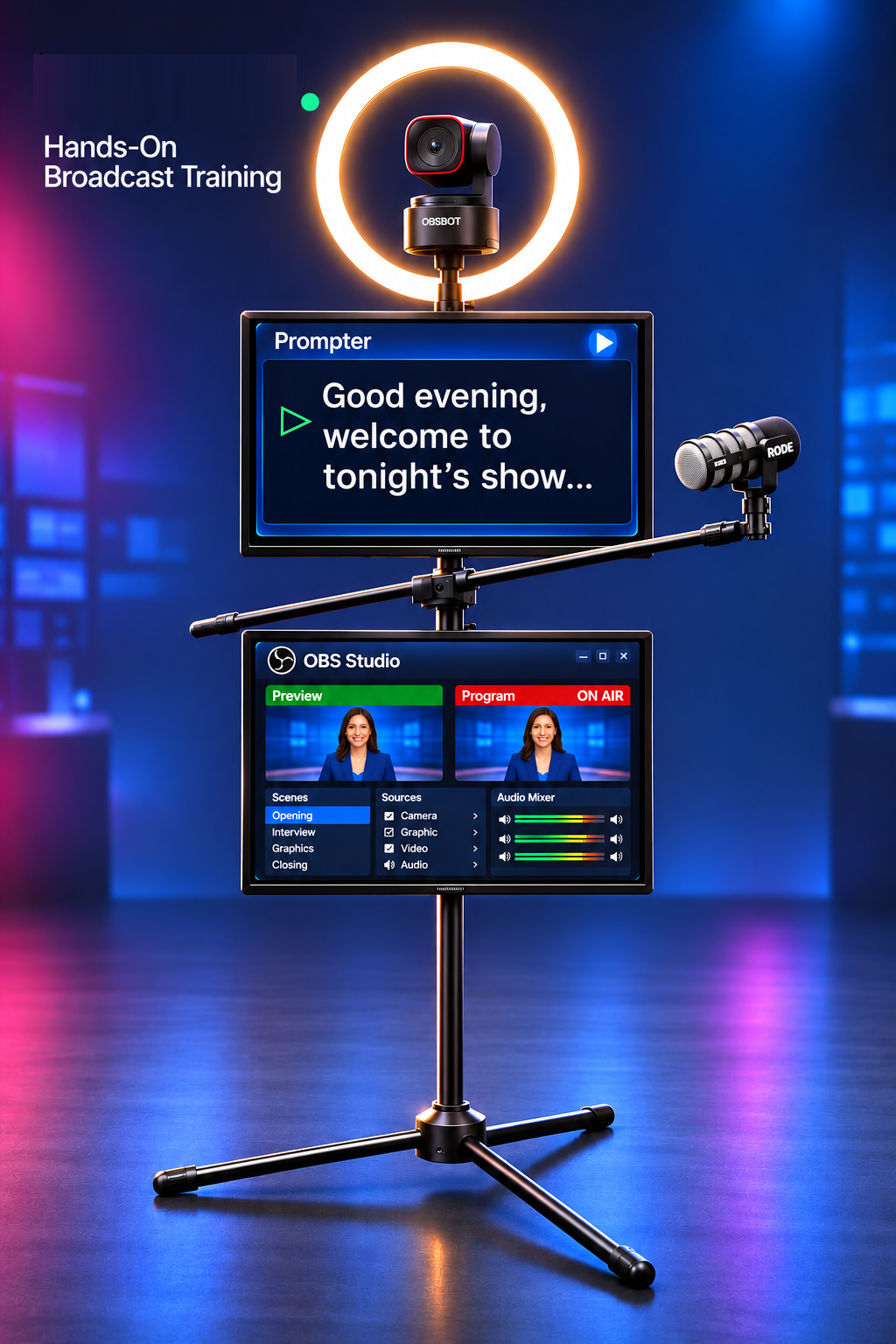 BroadcastSpark studio on a microphone stand with camera, ring light, microphone, teleprompter and OBS control screen